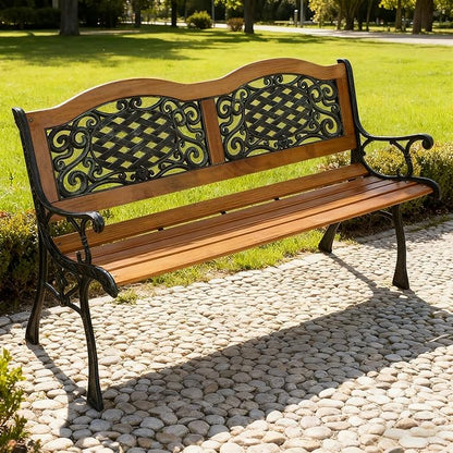 49" Outdoor Wood Bench for Garden, Patio & Porch, 2-Person Bench with Iron Armrests, PVC Backrest, Weather-Resistant Hardwood Seat, Natural Wood & Bronze
