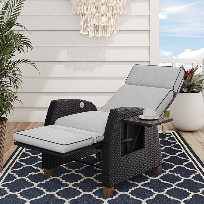 Grand patio Outdoor Recliner Chair Patio 150° Lay Flat Recliner with Flip Table Wicker Reclining Lounge Chair, Griege - Photo 1