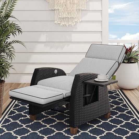 Grand patio Outdoor Recliner Chair Patio 150° Lay Flat Recliner with Flip Table Wicker Reclining Lounge Chair, Griege