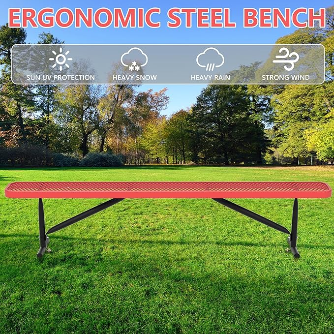 8 Feet Outdoor Steel Bench, Red Heavy Duty Metal Park Bench for Outside, Weatherproof Dock Bench, 96" L Commercial Benches Mesh Bench for Shopping Mall, Store, Lawn, Park, Patio, Deck, Garden