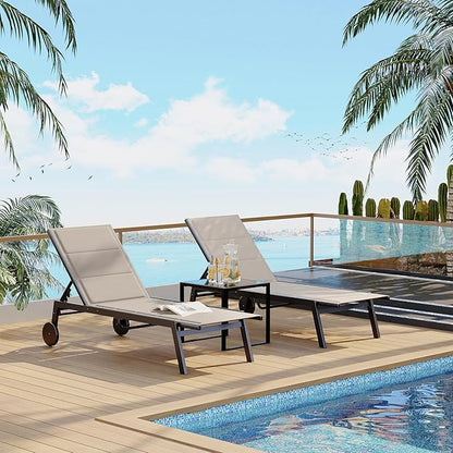 Outdoor Chaise Lounge Set, 3 Piece Patio Chaise Lounge Chairs with Side Table, Padded Textile Pool Loungers with 5-Level Backrest and Wheels for Beach, Lawn, Porch, Garden, Deck, Khaki