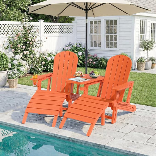 JY QAQA Outdoor Adirondack Chair Set of 2 with Detachable Table & Ottoman, All-Weather HDPE Patio Furniture with Wood Texture & Cup Holder for Patio, Poolside, Garden, Orange