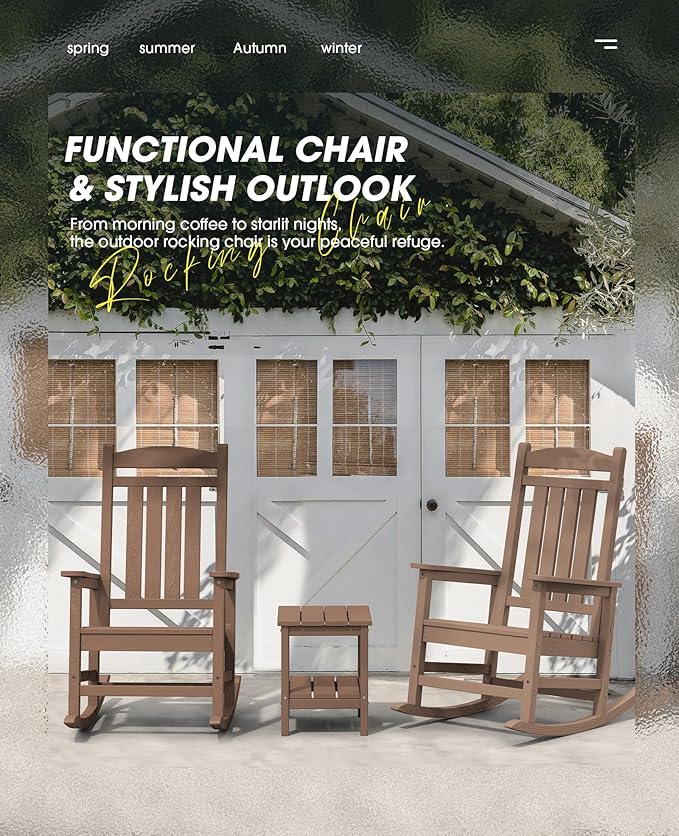 KINGYES Outdoor Rocking Chair Set of 2, HDPE Patio Rocking Chairs with 330lbs Support for Adults, Brown