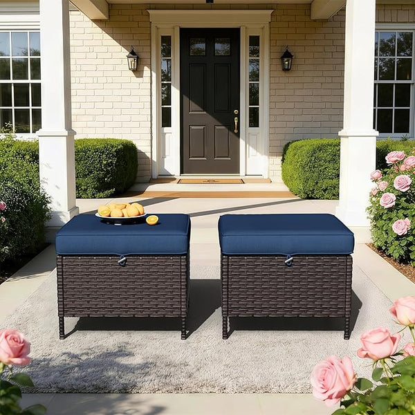 Wicker Ottomans with Cushions, Patio PE Rattan Furniture Set with Weather-Resistant Cushions for Porch, Backyard, Deck - Photo 1