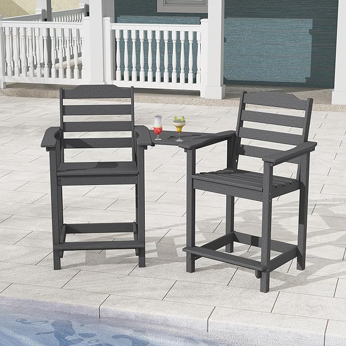Tall Adirondack Bar Stools Set of 2 with Connecting Tray, Counter Height Patio Chairs, All Weather HDPE Balcony Stools for Outdoor Deck & Garden, Gray