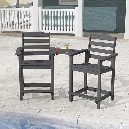 Tall Adirondack Bar Stools Set of 2 with Connecting Tray, Counter Height Patio Chairs, All Weather HDPE Balcony Stools for Outdoor Deck & Garden, Gray