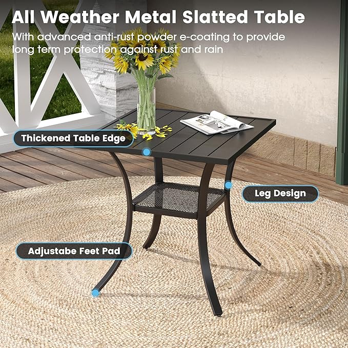 DIFY 27.6" Square Patio Dining Table, Black Small Outdoor Bistro Table with Rust Resistant Metal Frame, Ideal for Lawn, Backyard and Deck