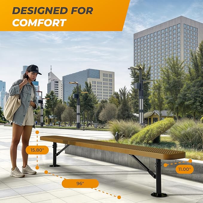 Heavy-Duty Outdoor Metal Bench, Thermoplastic-Coated, Surface, Weatherproof, Commercial-Grade for Parks, Gardens, Patios, Stores & More (8 Ft - Surface, Brown)