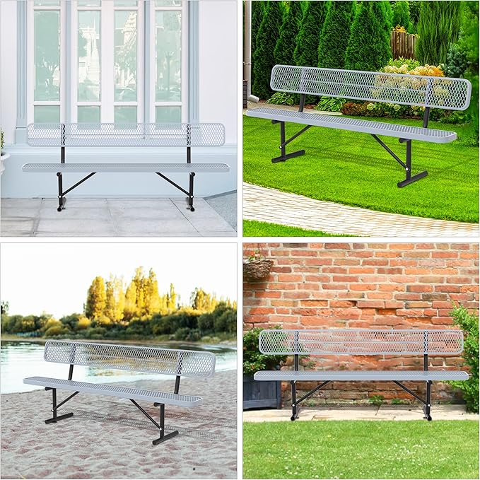 96" Metal Park Benches for Outside - Gray Outdoor Benches Heavy Duty Garden Weatherproof Bench with Backrest, Buddy Bench for Schools,Commercial Benches for Shopping Mall, Store, Yard, Patio