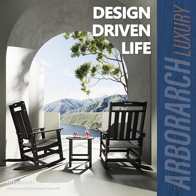 Outdoor Rocking Chair Oversized of 2 & Side Table Set, HDPE All Weather Resistant Patio Rocker, 31.5" High Back 21.5" Deep Seat Porch Chairs Set for Lawn Garden Deck Balcony 400lbs Capacity(Black)