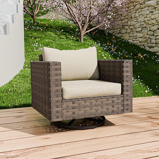 EAGLE PEAK Harbor Haven Wicker Swivel Rocker Patio Chair, Deep Seating Rocking Chair, Weather Resistant Outdoor Furniture for Patio, Deck, Garden, Brown/Beige
