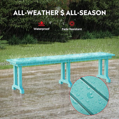 Costaelm Outdoor Benches Weatherproof, Park Long Bench Poly Lumber Backless for Entryway Front Porch Garden Bench Seat for Patio, Turquoise