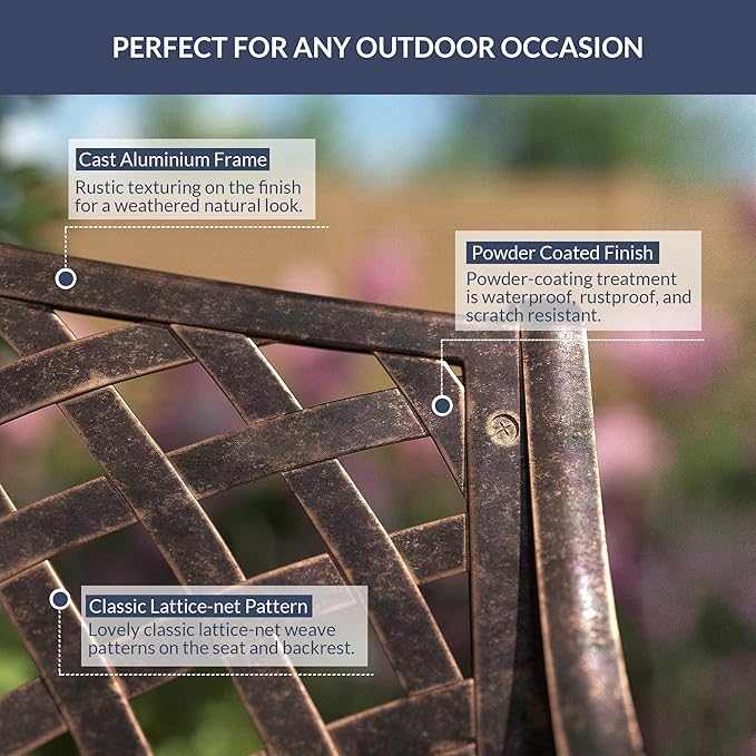 BELLEZE Patio Outdoor Garden Bench, 40 inch Cast Aluminum Loveseat Chairs with Armrests for Park, Yard, Porch, Lawn - Photo 3
