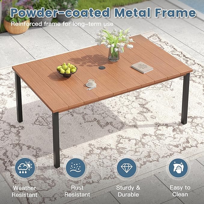 DIFY 63" Rectangle Outdoor Dining Table for 6, Slatted Metal Patio Table with Adjustable Umbrella Hole, All-Weather Patio Dining Table for Garden Backyard Deck, Walnut Tabletop