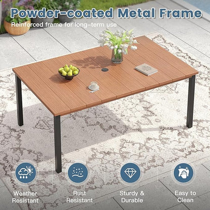 DIFY 63" Rectangle Outdoor Dining Table for 6, Slatted Metal Patio Table with Adjustable Umbrella Hole, All-Weather Patio Dining Table for Garden Backyard Deck, Walnut Tabletop