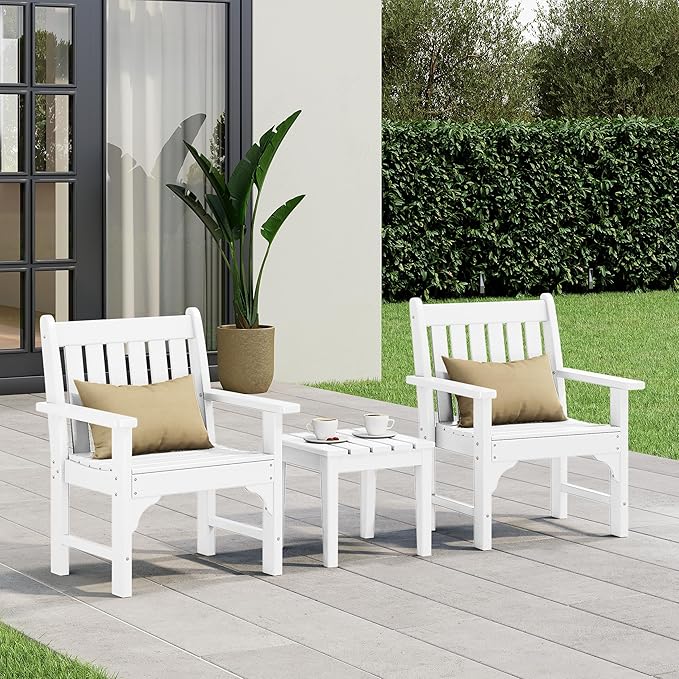 Costaelm 3 piece Patio Set, Outdoor Table and Chairs Set of 3, 3-Piece HDPE Garden Chair with Square Adirondack Side Table, Porch Chairs Coffee Table for Outside Porch Backyard, White