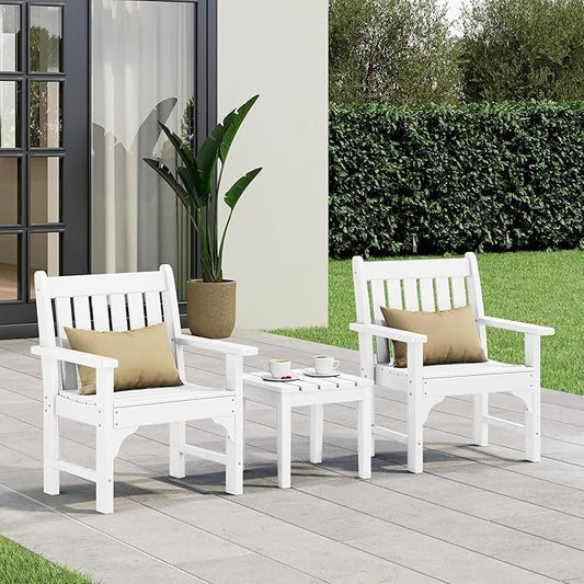 Costaelm 3 piece Patio Set, Outdoor Table and Chairs Set of 3, 3-Piece HDPE Garden Chair with Square Adirondack Side Table, Porch Chairs Coffee Table for Outside Porch Backyard, White