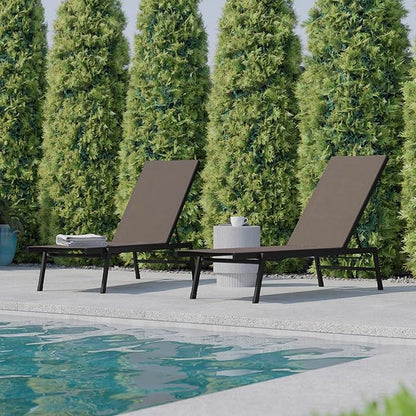 Flash Furniture Brazos Set of 2 Adjustable Chaise Lounge Chairs, Outdoor Five-Position Recliners, All Weather, Black/Brown
