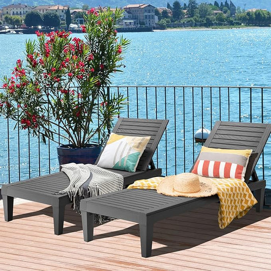 Tangkula Outdoor Chaise Lounge Chair, Lightweight Patio Lounge Recliner Chair with Adjustable Backrest, 5 Reclining Positions Chaise Lounger for Patio, Beach, Balcony, Poolside, Backyard (2, Black)