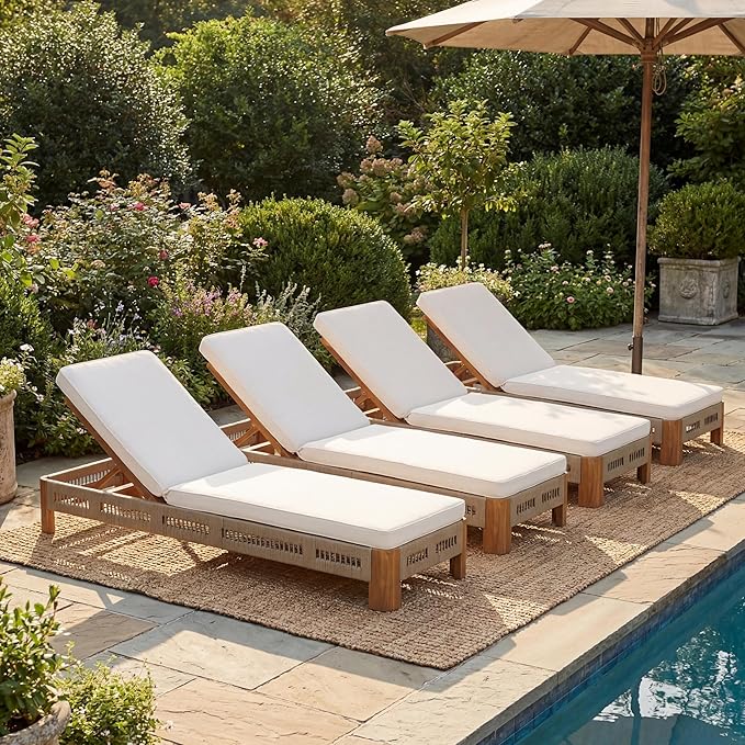 Christopher Knight Home Lamon Acacia Wood Chaise Lounge Chair Outdoor Set of 4 with Cushion - Photo 1