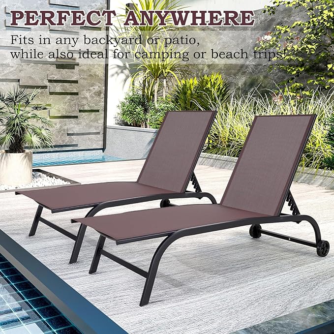 EROMMY Patio Chaise Lounge Chair Set of 2 with Table, Adjustable Backrest & Wheels, Oversized 26" W Outdoor Poolside Recliners for Garden, Deck, Lawn, Backyard