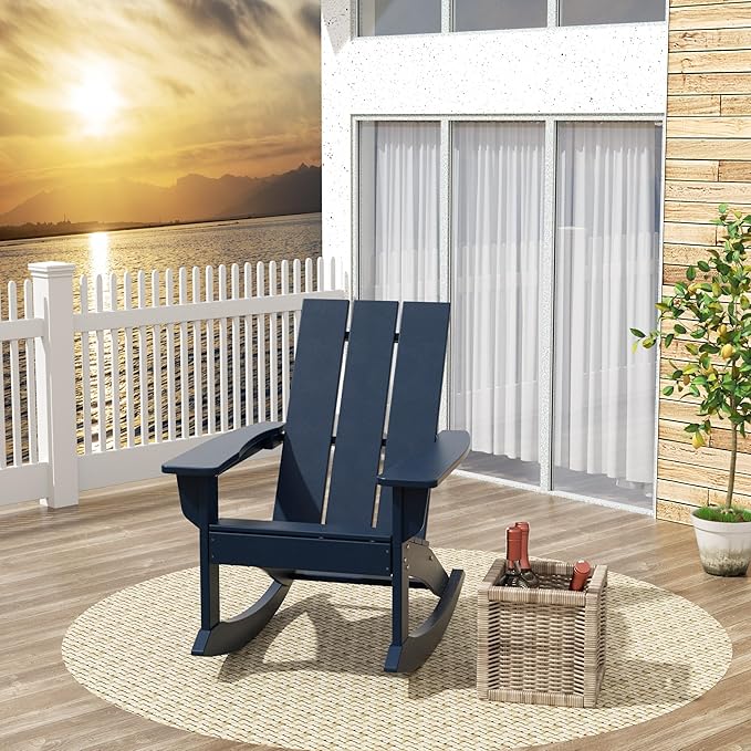 Costaelm Outdoor Adirondack Chair, All Weather Resistant Lawn Chairs Balcony Chair and Fire Pit Chairs, Patio Chair Outdoor Porch Rocking Chair High Back HDPE Poly Lumber, Navy Blue