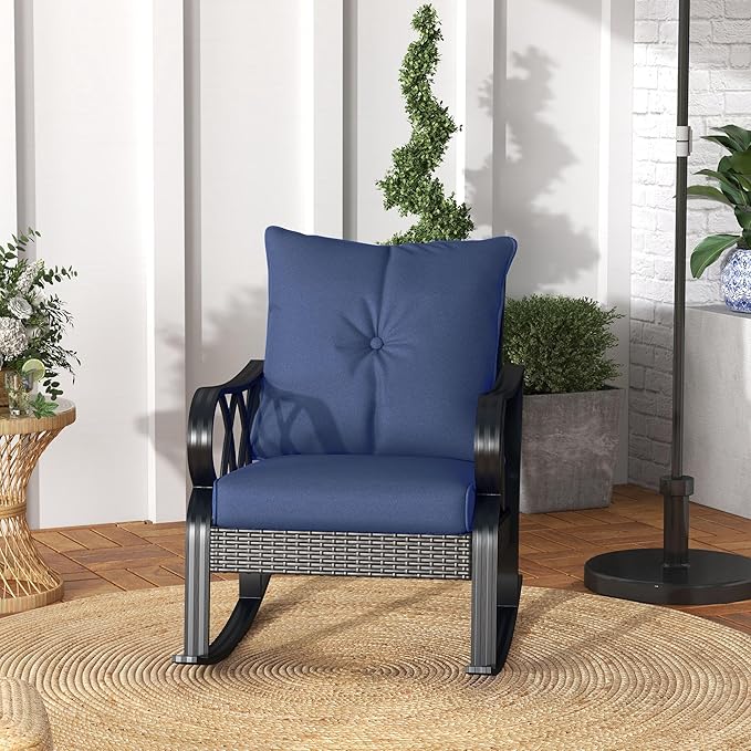 Outsunny 2 Piece Outdoor Wicker Rocking Chairs with Padded Cushions, Aluminum Furniture Rattan Porch Rocker Chairs w/Armrest for Garden, Patio, and Backyard, Blue