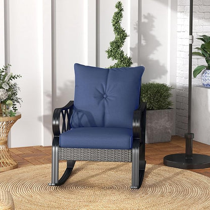 Outsunny 2 Piece Outdoor Wicker Rocking Chairs with Padded Cushions, Aluminum Furniture Rattan Porch Rocker Chairs w/Armrest for Garden, Patio, and Backyard, Blue