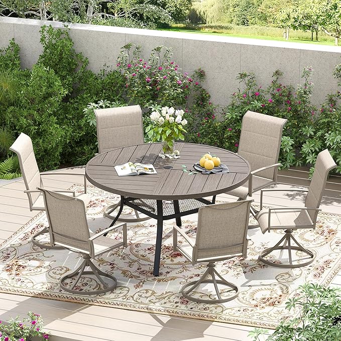 Patio Dining Table for 4-6, Round Metal Outdoor Table with Storage Shelf, 1.57" Umbrella Hole, 47" Outdoor Quartered Tabletop Dining Table for Backyard, Porch, Lawn, Grey