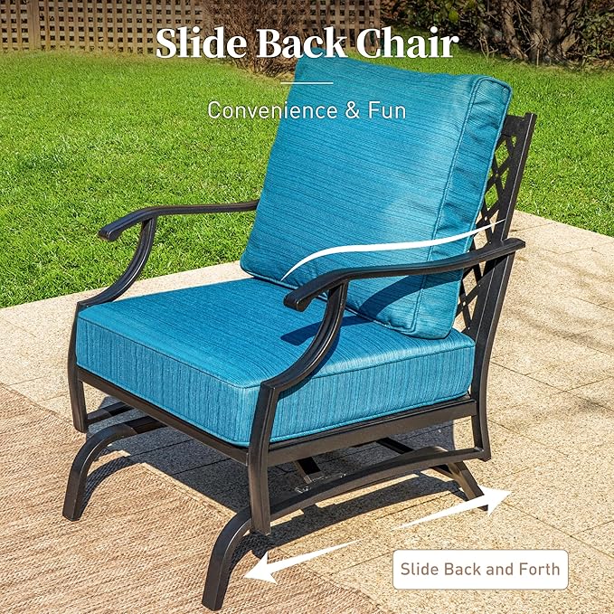 Metal Outdoor Rocker Patio Chairs Set of 2 with 5.75" Extra Thick Cushion, 2 Piece High Back Rocker Patio Chairs All Weather Outdoor Furniture Seating for Deck Balcony Porch, Blue-2