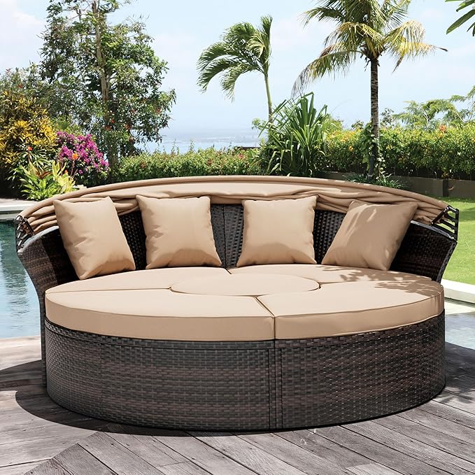 Crownland Outdoor Daybed with Retractable Canopy, Patio Round Daybed with Washable Cushions, Clamshell Sectional Seating - Photo 8