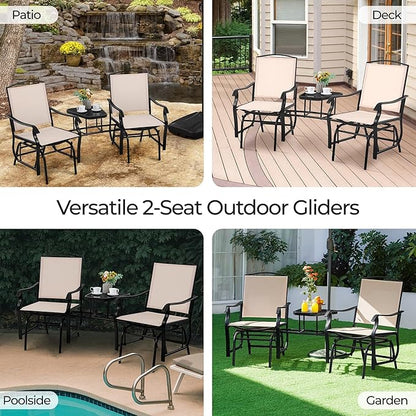 Yaheetech Outdoor Glider Chairs with Glass Table Rocking Chairs, Outdoor Loveseat Patio 2-Seat with Breathable Sling Fabric for Lawn, Garden and Porch, Beige