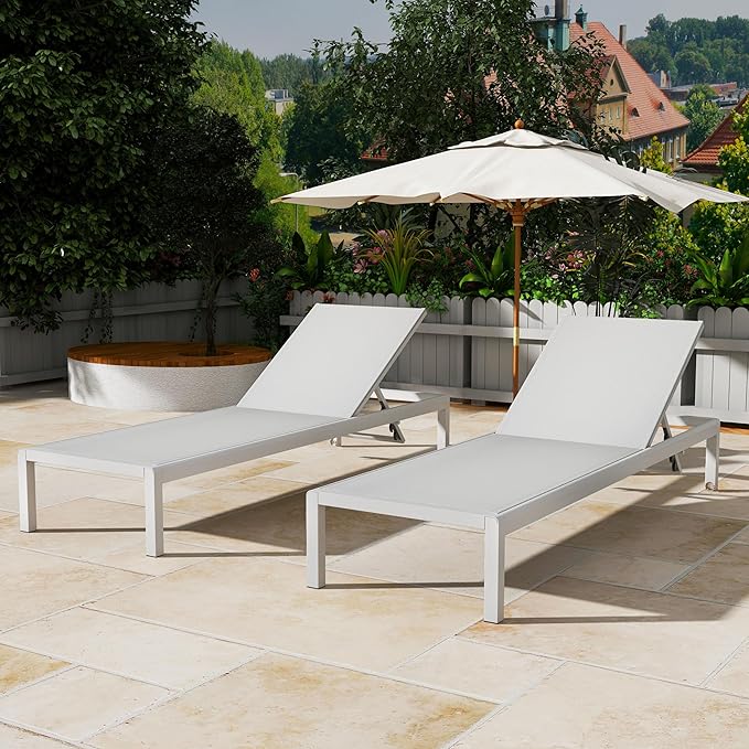 Christopher Knight Home Set of 2 Berton Outdoor Mesh Seat Chaise Lounge Chairs, Patio Adjustable Aluminum Frame Single Lounge Sofa, Poolside/Garden/Backyard Seating, All-Weather Furntiure, Gray+White