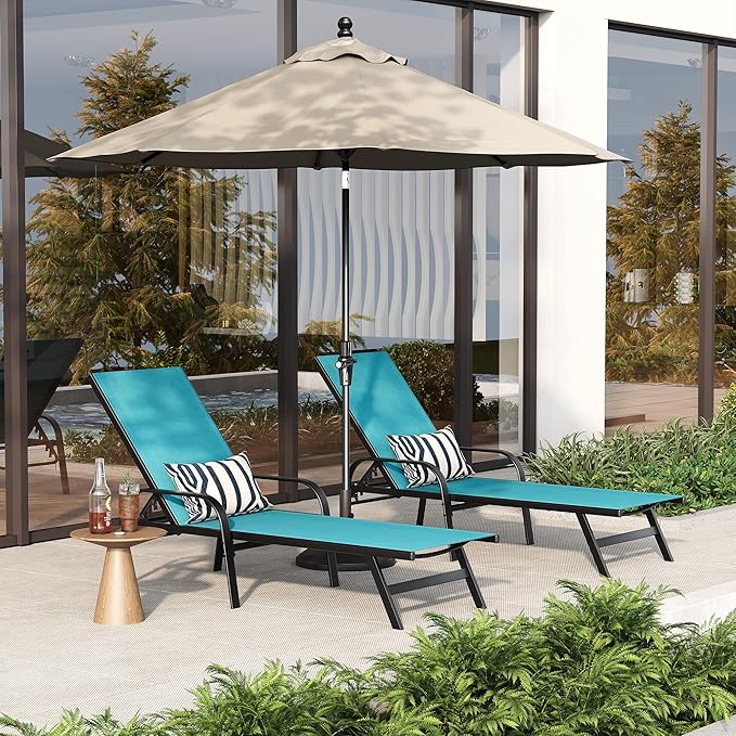 Outdoor Lounge Chair, Adjustable Patio Reclining Chaise with Textilene Fabric, Pool Lounge Chair with 5-Position Backrest for Patio, Garden, Poolside & Balcony,Sky Blue Set of6