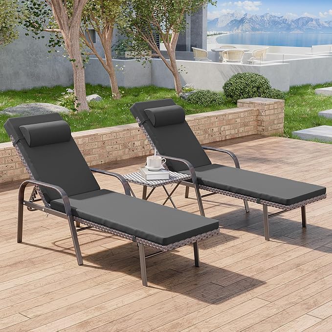 3 Pieces Patio Chaise Lounge Set Outdoor PE Rattan Armrest Lounge Chair Adjustable Backrest Reclining Chair with Folding Table and Cushion for Patio Poolside Backyard Porch Beach(Black)