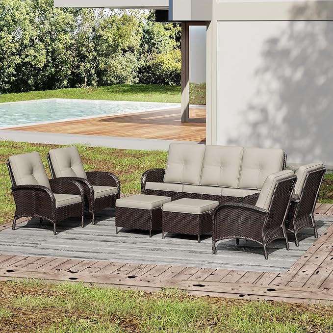 Joyside Wicker Patio Furniture Set, 7 Piece Outdoor Furniture Set with Thickened Cushions, High Back, Deep Seating, Wide Armrest, Rattan Outdoor Chairs for Porch, Deck