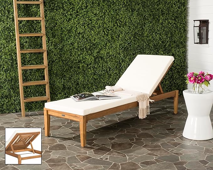 SAFAVIEH Outdoor Collection Arcata Natural Solid Wood/Beige Cushion Adjustable Chaise Lounge Chair (PAT6730A)