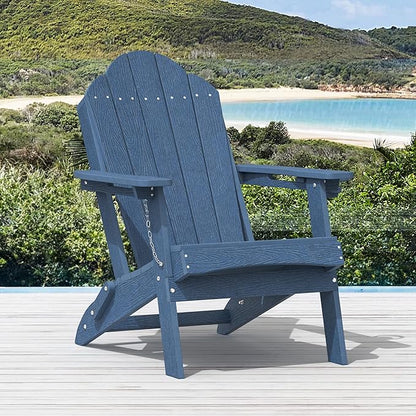 Foldable HDPE Adirondack Chairs Set of 2, Pool, Beachside, Poolside, Weather Resistant Outdoor Chairs, Hidden Cup Holder, Blue