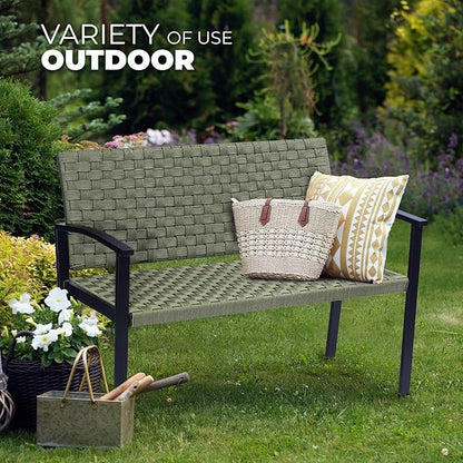 Chelsea Olive Patio Loveseat All-Weather Rope Outdoor Bench with Metal Armrest, Patio Outdoor Furniture Ideal Garden Bench for Balcony, Lawn, Backyard and Deck (Green)
