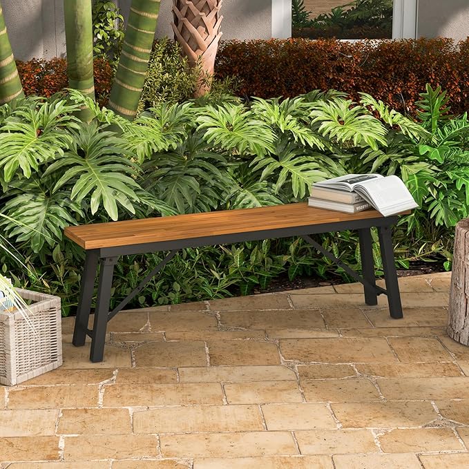 HAPPYGRILL Folding Picnic Bench Set of 2, 55” Long Rectangular Wooden Dining Camping BBQ Benches, Portable Acacia Wood Bench w/Metal Frame, Outdoor Indoor Bench Seat for Porch Garden Yard Patio Deck