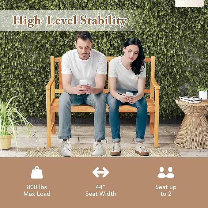 HAPPYGRILL Outdoor Wood Bench, 2-Seat Acacia Wood Loveseat Chair w/Slatted Seat & Patterned Backrest, 800 lbs Capacity, Patio Bench for Garden, Yard, Lawn