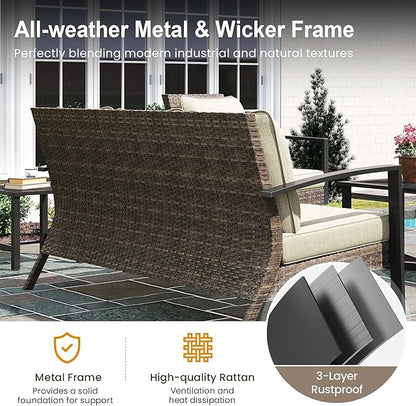Green4ever Outdoor Furniture, 2 Pieces Patio Furniture Set with Coffee Table, Wicker Outdoor Couch with Cushions, Patio Sofa for Porch, Backyard, Pool, Deck, Garden, Beige