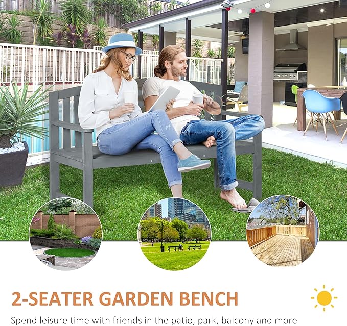 Outsunny 56" Outdoor Wood Bench, 2-Seater Garden Bench with Backrest and Armrest, Patio Bench for Patio, Porch, Poolside, Balcony, Gray