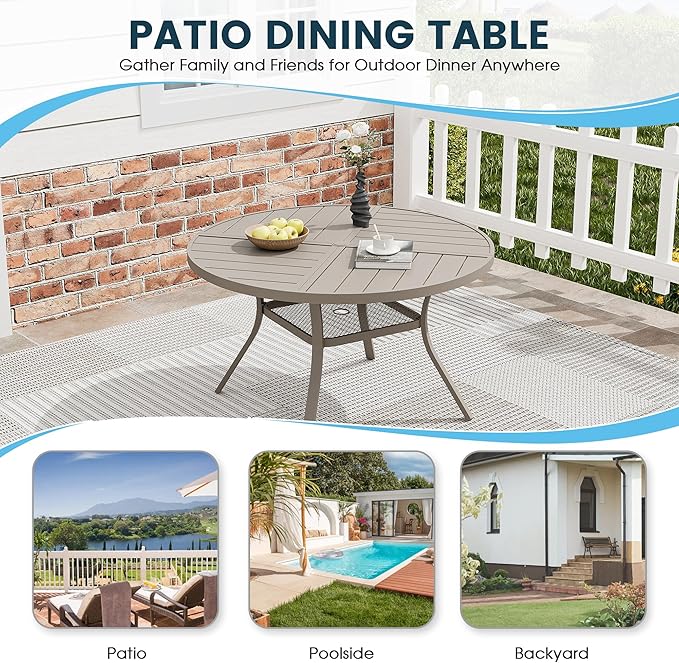 Patio Dining Table for 4, Round Metal Outdoor Table with Storage Shelf, 1.57" Umbrella Hole, 41" Outdoor Quartered Tabletop Dining Table for Backyard, Porch, Lawn, Sand