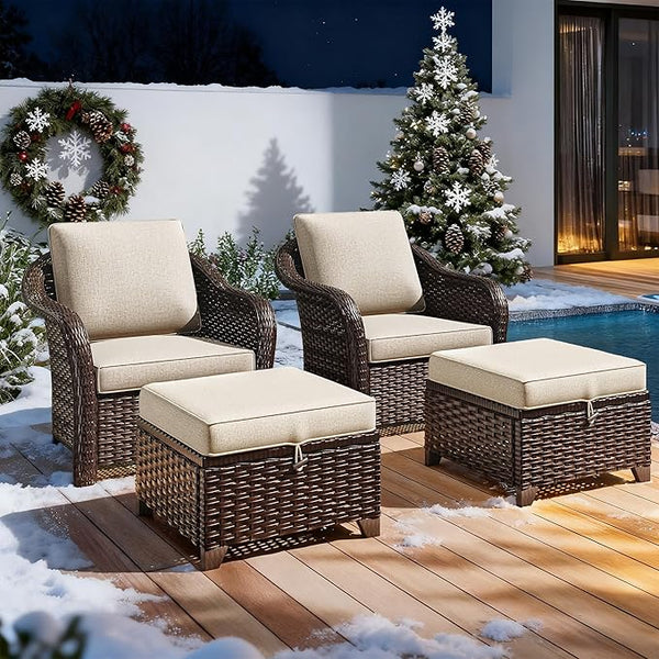 4 Pieces Patio Outdoor Conversation Furniture Set with Cushions, All-Weather Wicker Ottomans - Photo 1