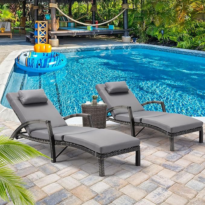HOMREST Chaise Lounge Chairs Set of 2, PE Rattan Wicker Patio Lounge Chair with Adjustable 5 Position, Arm and Wheels for Poolside Backyard Deck Porch,Grey