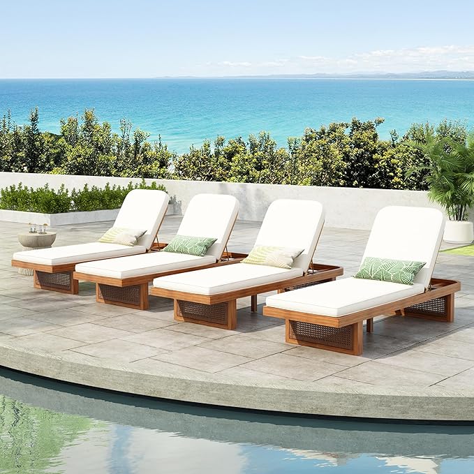Merax Acacia Wood Chaise Lounge Chair Outdoor Set of 4, Patio Recliner with Adjustable Backrest and PE Rattan Design, White Cushion