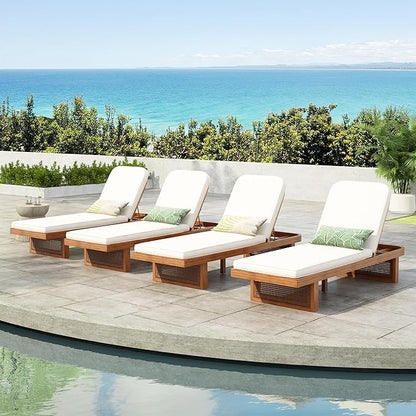 Merax Acacia Wood Chaise Lounge Chair Outdoor Set of 4, Patio Recliner with Adjustable Backrest and PE Rattan Design, White Cushion