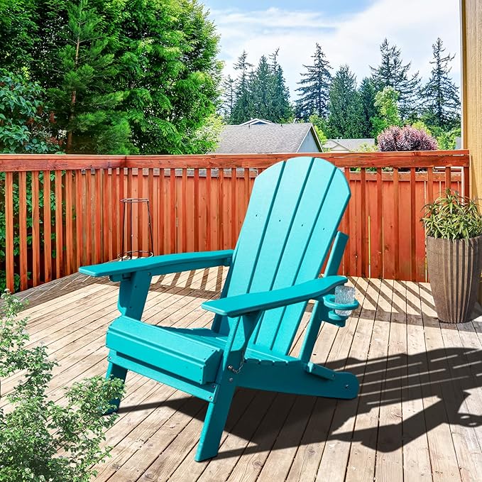 Lepdep Folding Adirondack Chair Modern Adjustable Plastic Outdoor Fire Pit Chair Weather Resistant 3-Positons Patio Chair with Cup Holder for Outdoor Porch Garden Backyard Deck and Pool, Blue…