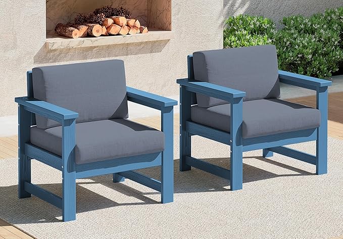 SERWALL 2 Pieces Single Cushioned Lounge Chair, Blue HDPE Outdoor Adirondack Sofa Armchair with Grey Cushion - Photo 1